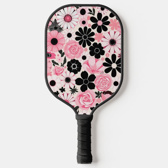 Palas De Pickleball Patrón de flores botánicas retro rosa y negro (Anverso)