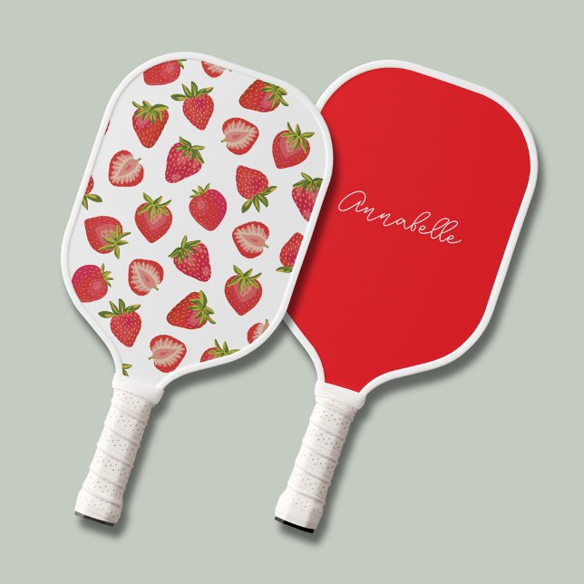 Palas De Pickleball Patrón de fresa (Strawberry pickleball paddle.  Personalize with your own name or choice of text to one side. )