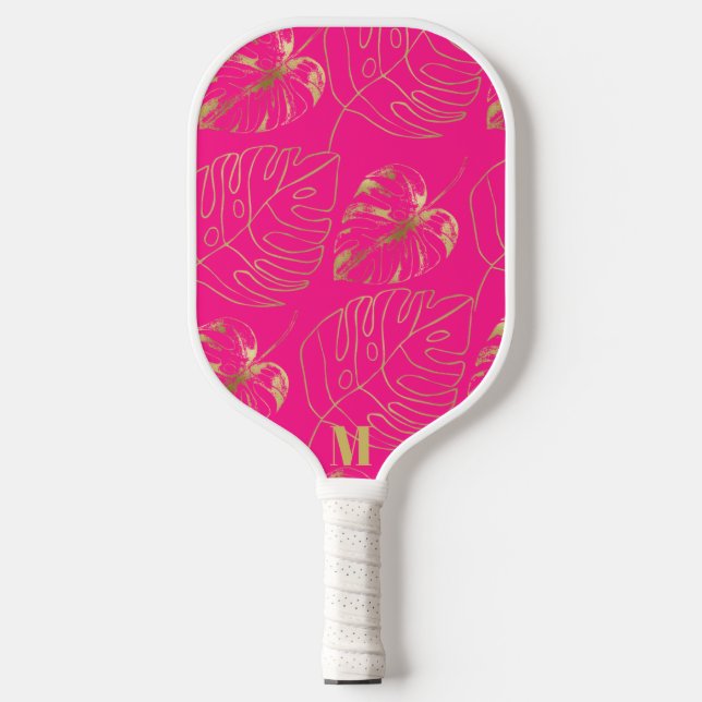 Palas De Pickleball Patrón de hoja de palma rosa y dorada | Monograma  (Anverso)