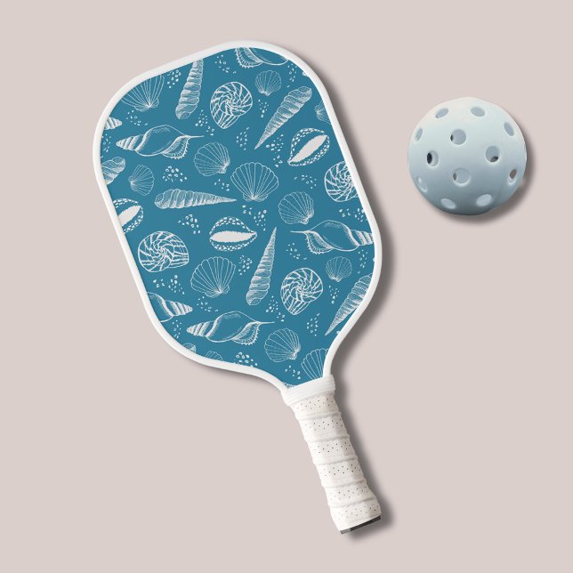 Palas De Pickleball Patrón de las conchas azules (Sea shell pattern pickleball paddle in blue coastal colours)