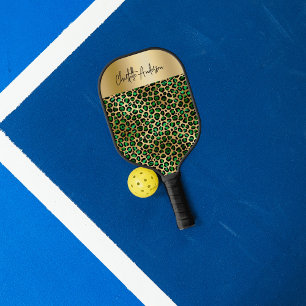 Palas De Pickleball Patrón de leopardo dorado verde esmeralda nombre g