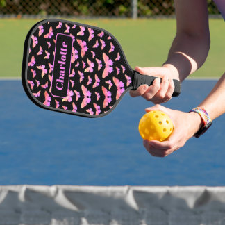 Palas De Pickleball Patrón de mariposa bonita Monograma Nombre Rosa
