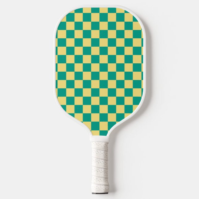 Palas De Pickleball Patrón de tablero de cheques verde + amarillo (Anverso)
