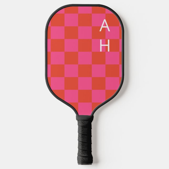 Palas De Pickleball Patrón de tablero de Naranja y rosa monogramado (Anverso)