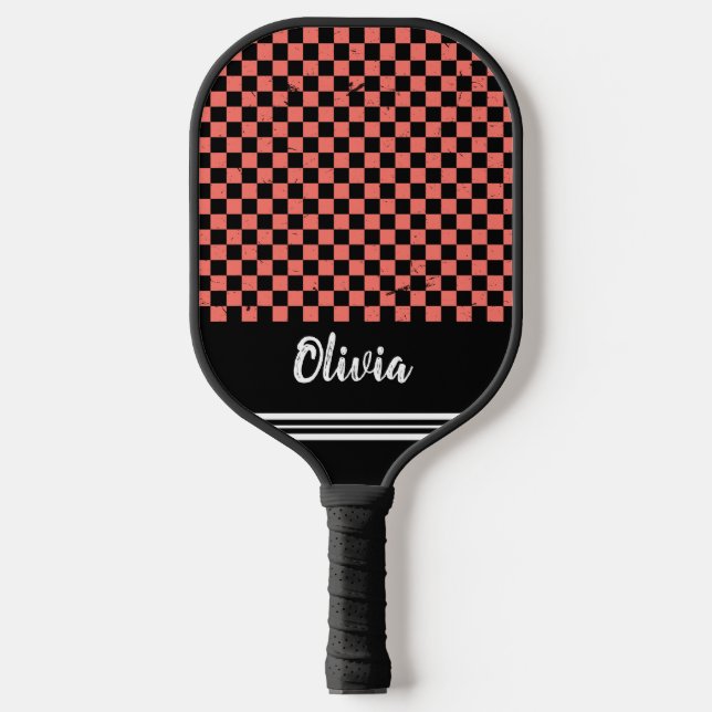 Palas De Pickleball Patrón de verificador rosa y negro con nombre pers (Anverso)