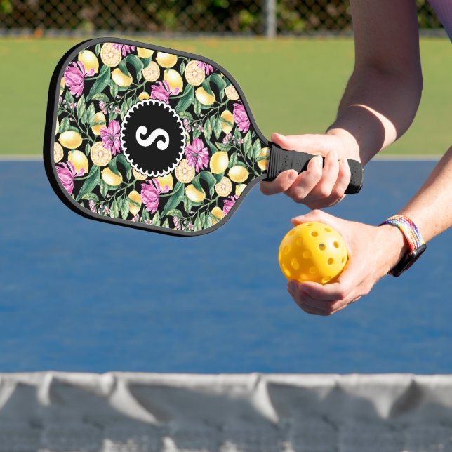 Palas De Pickleball Patrón floral de lemones y tulipanes | Monograma d (in situ)
