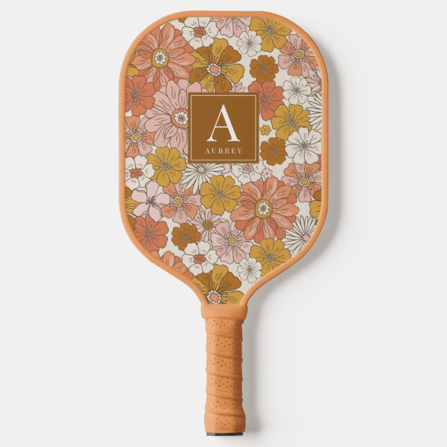 Palas De Pickleball Patrón floral marrón rosa retro y grooví (Anverso)