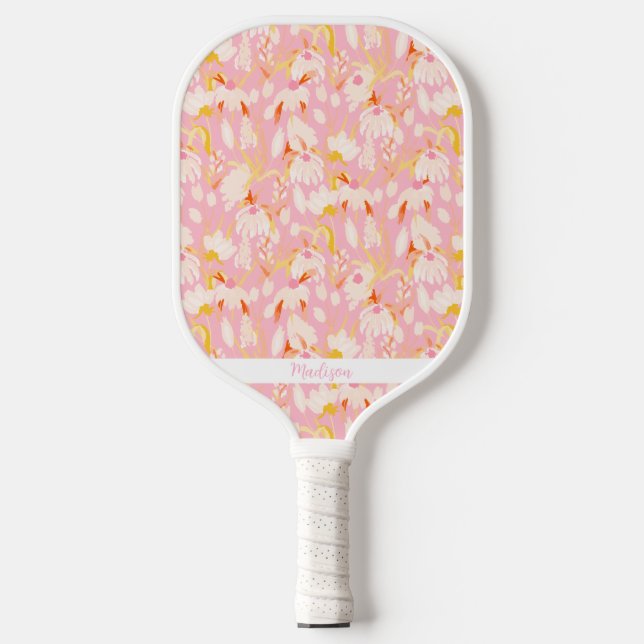 Palas De Pickleball Patrón floral rosado Personalizado Nombre Cute (Anverso)