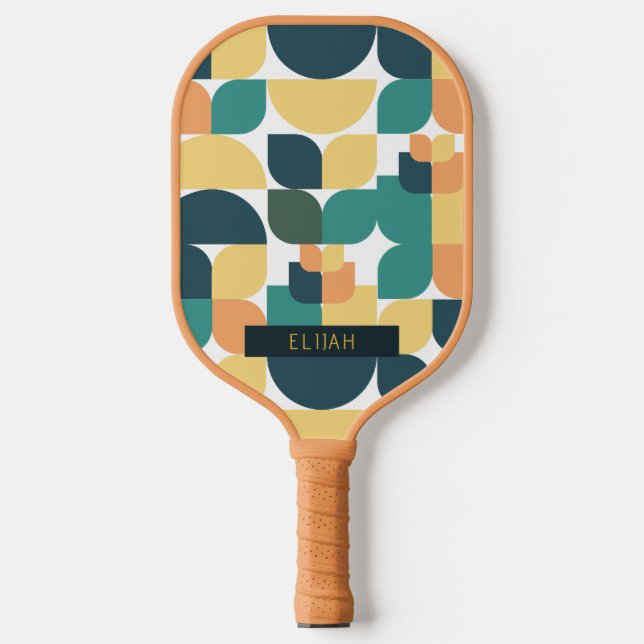 Palas De Pickleball Patrón geométrico retro amarillo y verde (Anverso)