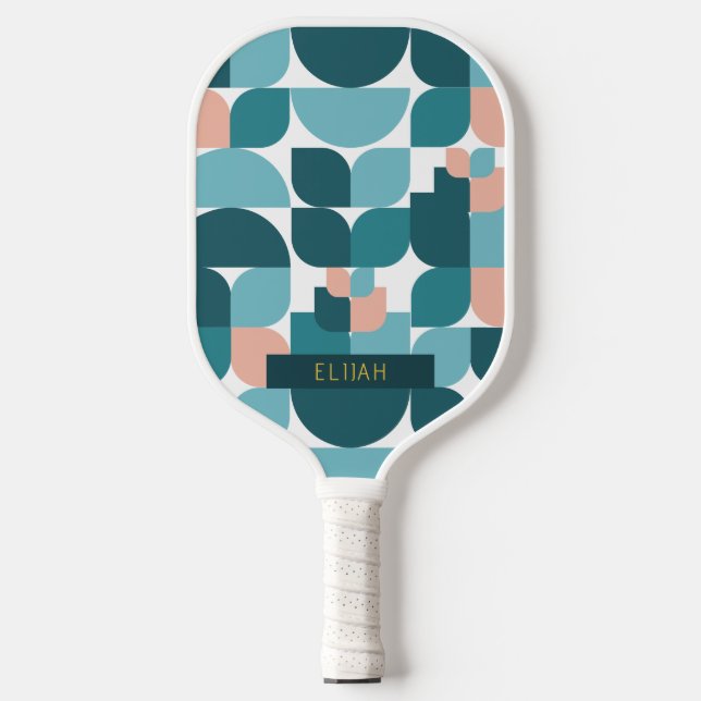 Palas De Pickleball Patrón geométrico retro azul y rosa (Anverso)