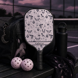 Palas De Pickleball Patrón mágico de bruja whimsigoth rosa con nombre