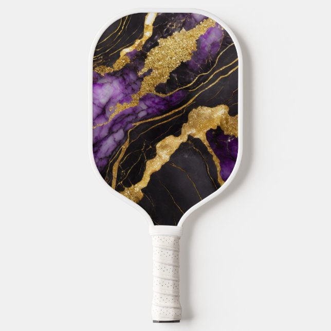 Palas De Pickleball Patrón morado de mármol negro con oro (Anverso)