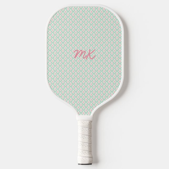 Palas De Pickleball Patrón Pastel Girly Verde y Rosa Con Iniciales (Anverso)