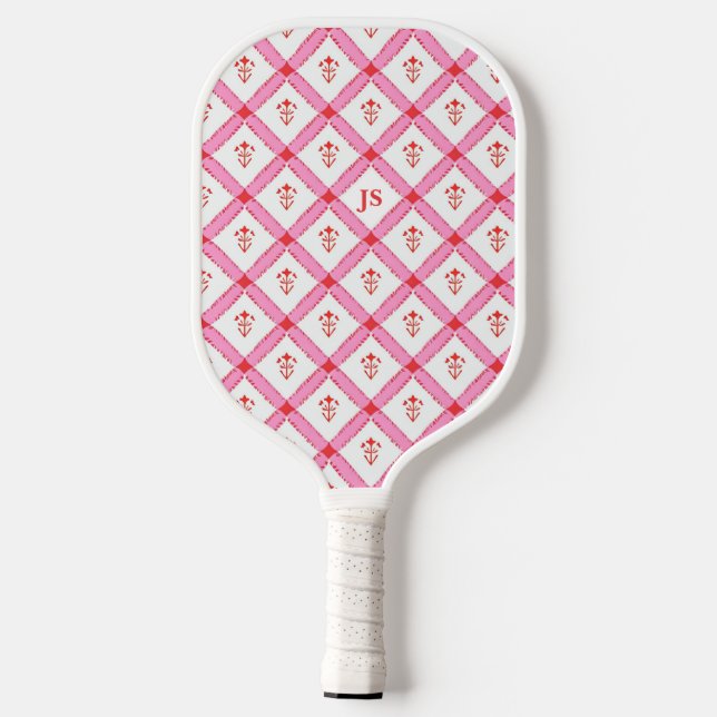 Palas De Pickleball Patrón rojo y rosado con las iniciales (Reverso )