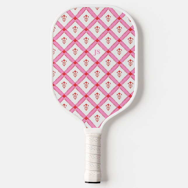 Palas De Pickleball Patrón rojo y rosado con las iniciales (Reverso )
