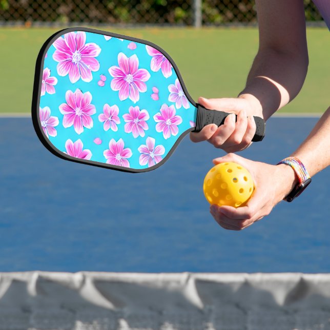 Palas De Pickleball Patrón simple de flor azul y rosa (in situ)