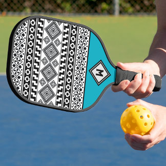 Palas De Pickleball Patrón tribal polinesio geométrico blanco y negro
