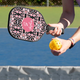 Palas De Pickleball patrón vintage de flor rosa | Monograma Personaliz