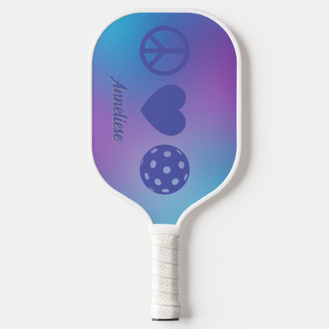 Palas De Pickleball "Paz, amor, pelota" azul morado personalizado (Anverso)