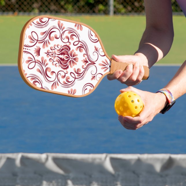 Palas De Pickleball Peach Burgundy and White Damask Floral (in situ)