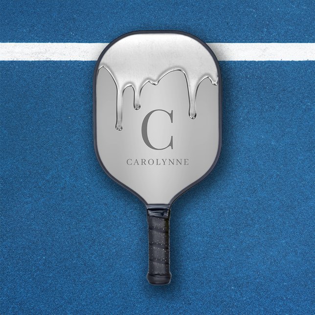 Palas De Pickleball Perforaciones cromadas líquidas Monograma Metaliza (Liquid Chrome Drips Silver Metal Monogram Pickleball Paddle)
