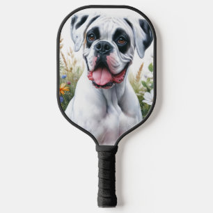 Palas De Pickleball Perro de boxeador blanco divertido entre las flore