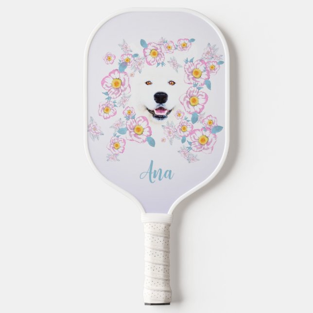 Palas De Pickleball Perro Samoyed y flores rosadas, nombre personaliza (Anverso)