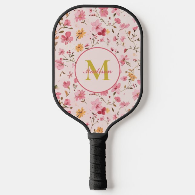 Palas De Pickleball Personalizado Floral Rosa Monograma Baloncesto (Anverso)