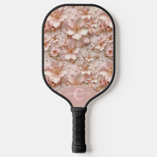Palas De Pickleball Personalizado floral rosa suave  pastel Monograma (Anverso)