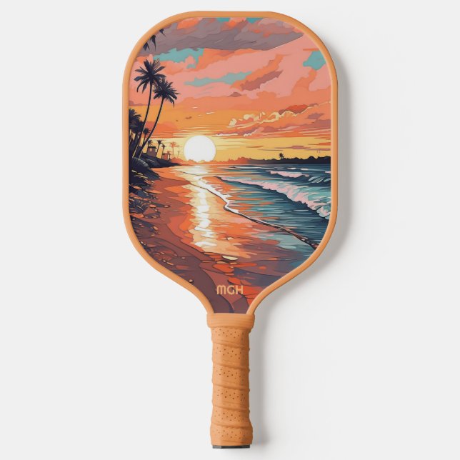 Palas De Pickleball Personalizado Monograma Tropical Beach Sunset (Anverso)