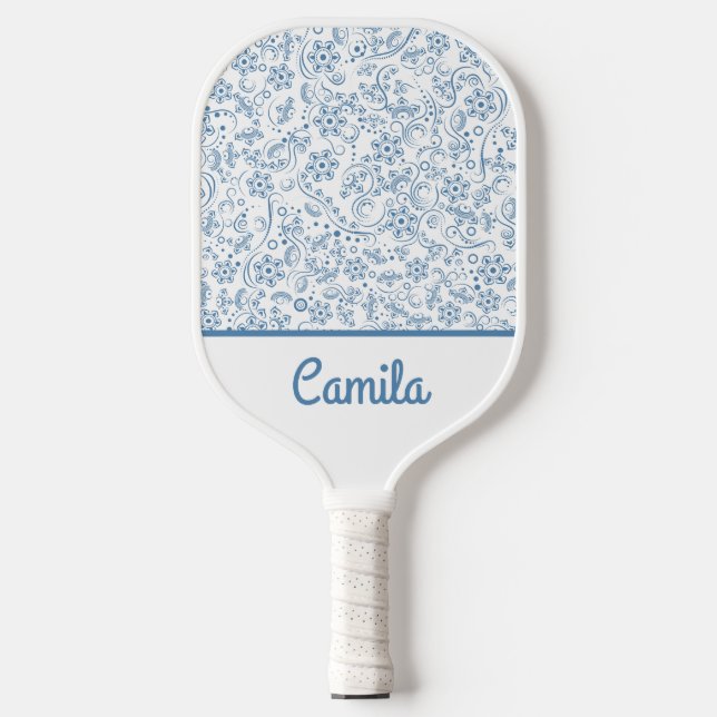 Palas De Pickleball Personalized Blue Floral Pattern Custom Name  (Anverso)