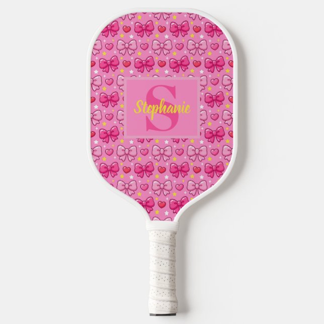 Palas De Pickleball Personalized Cute Pink Bows and Hearts Monogram (Anverso)