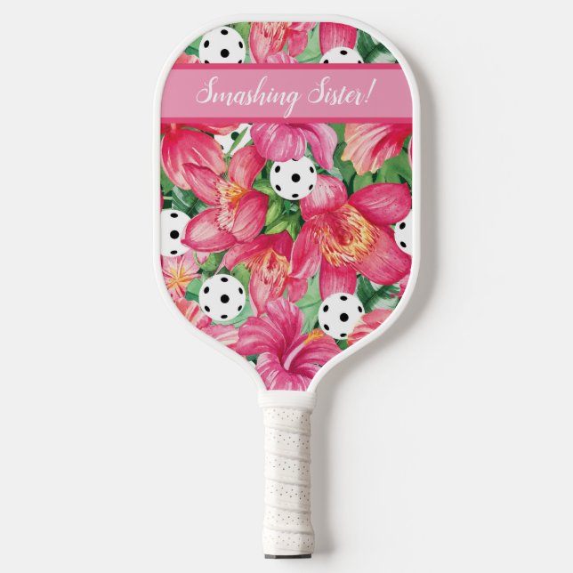 Palas De Pickleball 🌺 🌴 Pickleball tropical con hibisco, con texto (Anverso)