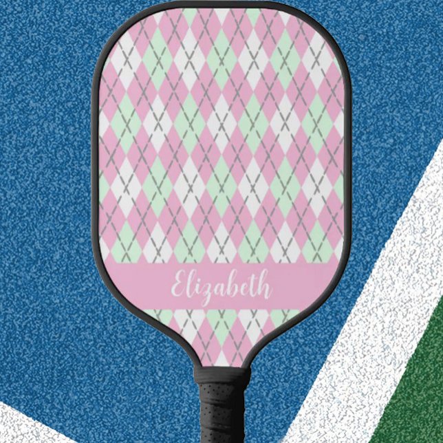 Palas De Pickleball Pink and green argyle preppy custom name modern (Subido por el creador)