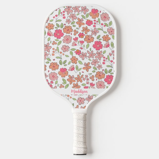 Palas De Pickleball Pink Floral Pattern Personalized Name Cute (Anverso)