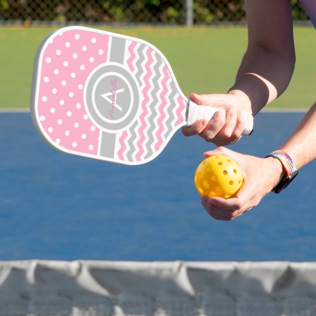Palas De Pickleball Pink Gray Polka Dot Chevron (in situ)