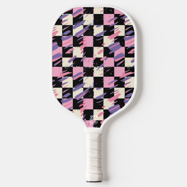 Palas De Pickleball Pink & Purple Retro Checkered Pickleball Paddle (Anverso)