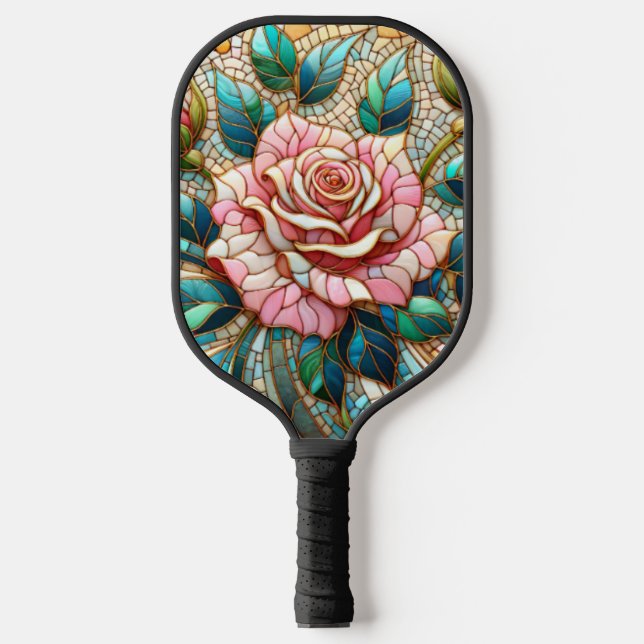 Palas De Pickleball Pink Roses Stained Glass Mosaic (Anverso)