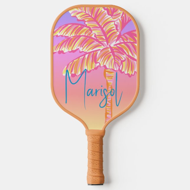 Palas De Pickleball Pink Tropical Sunset Palm Tree Personalizado (Anverso)