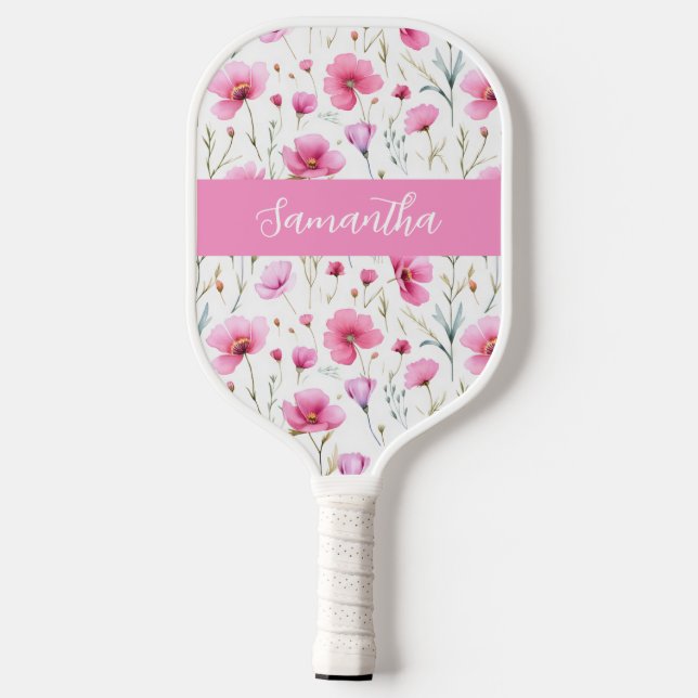 Palas De Pickleball Pink Wildflower Watercolor Custom Name (Reverso )