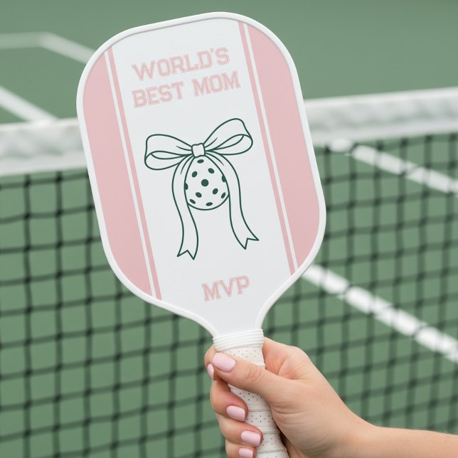 Palas De Pickleball Preppy Coquette World's Best Mom Monogrammed (Monogrammed pickleball paddle for preppy sporty mom by Darling & May)