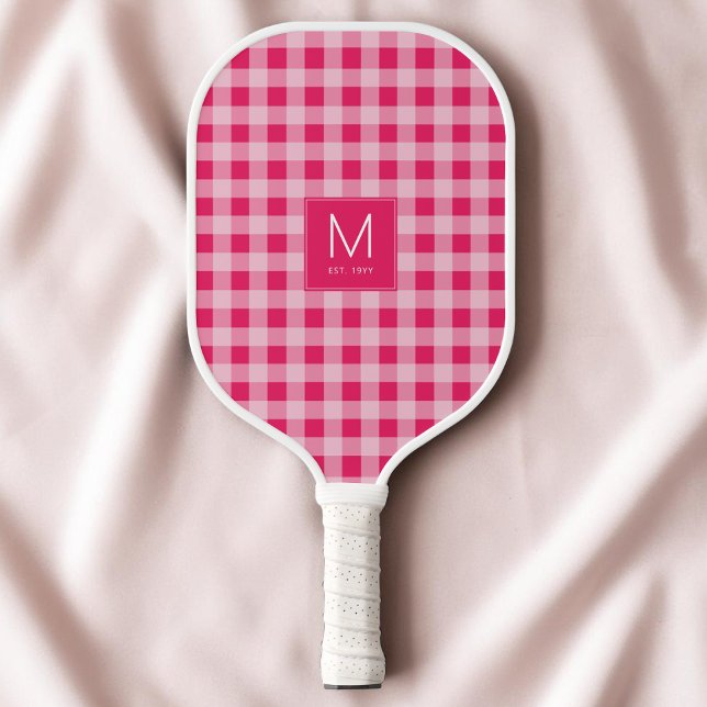 Palas De Pickleball Preppy Rosa Caliente Gingham Monograma Establecida (Preppy Hot Pink Gingham Monogram Established Est Pickleball Paddle)
