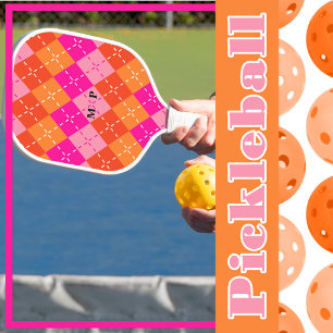 Palas De Pickleball Preppy Sporty Pink y Naranja Argyle Personalizado