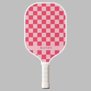 Palas De Pickleball Pretty Pink Chic Checkerboard Nombre Personalizado