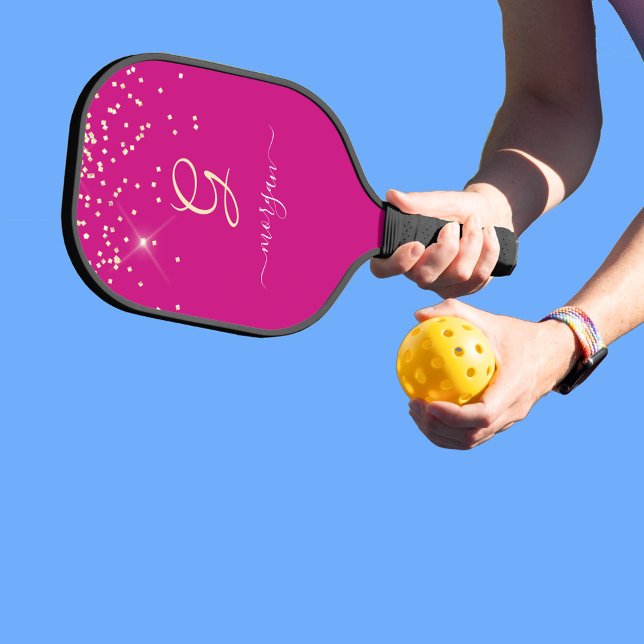 Palas De Pickleball Purpurina de oro y Monograma Nombre de guión blanc (Subido por el creador)