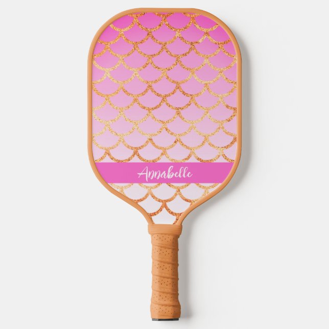 Palas De Pickleball Purpurina de patrón de sirena de oro rosado monogr (Anverso)