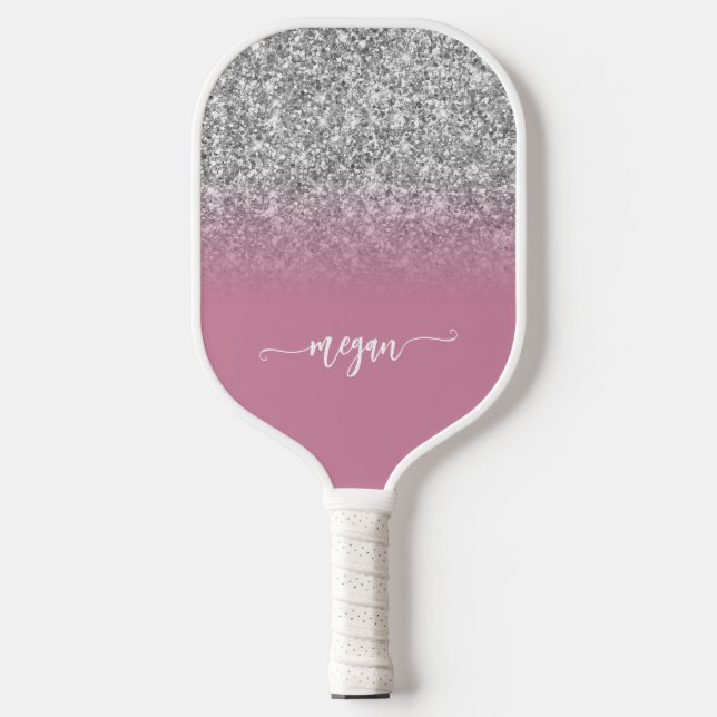 Palas De Pickleball Purpurina plateado Dusty Ombre rosa Guión moderno (Anverso)