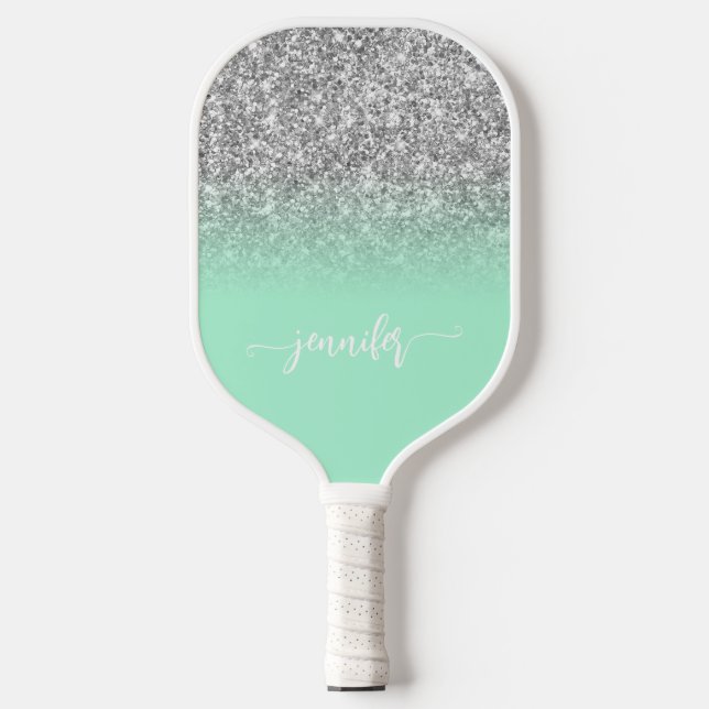 Palas De Pickleball Purpurina plateado Mint Green Ombre Moderno Script (Anverso)