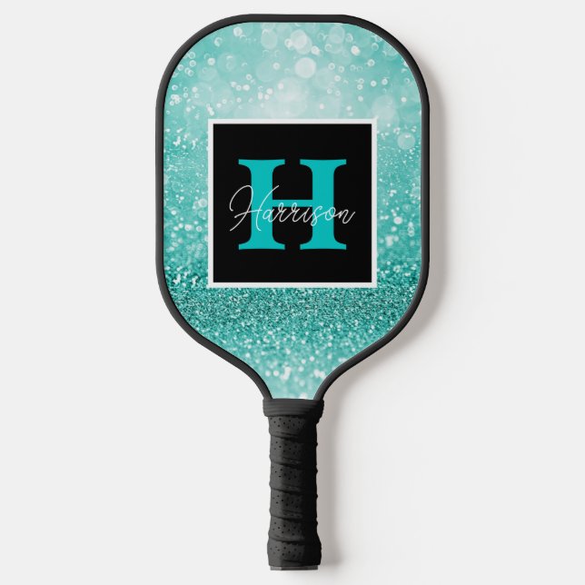Palas De Pickleball Purpurina turquesa Glam Monograma Personalizable d (Anverso)