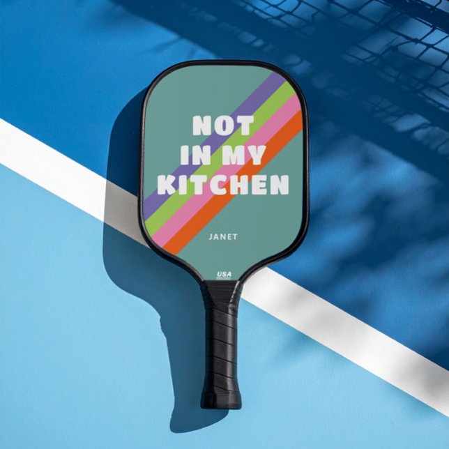Palas De Pickleball Rayas antiguas en azul turbio no en mi cocina ("Not in My Kitchen" colorful retro stripes on dusty teal with custom text and name)